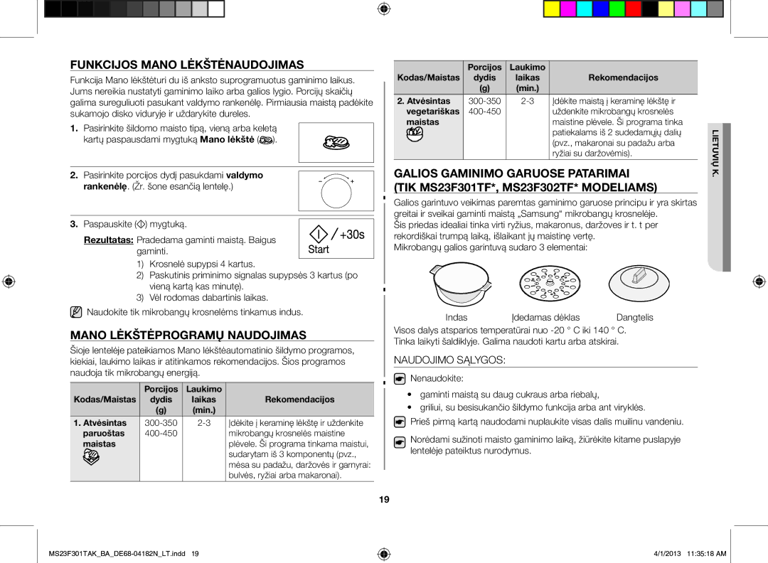 Samsung MS23F301TAK/BA Funkcijos Mano lėkštėnaudojimas, Mano lėkštėprogramų naudojimas, Galios gaminimo garuose patarimai 