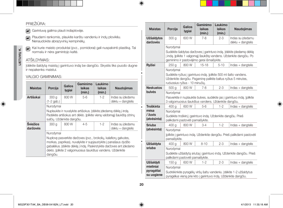 Samsung MS23F301TAK/BA manual Priežiūra, Atšildymas, Valgio Gaminimas 