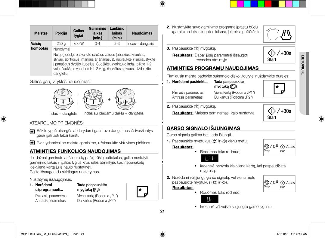 Samsung MS23F301TAK/BA manual Atminties programų naudojimas, Atminties funkcijos naudojimas, Garso signalo išjungimas 