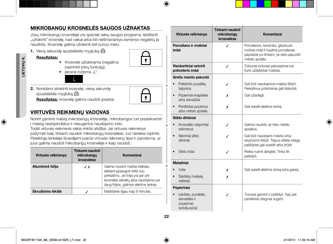 Samsung MS23F301TAK/BA Mikrobangų krosnelės saugos užraktas, Virtuvės reikmenų vadovas, Vieną sekundę spustelėkite mygtuką 