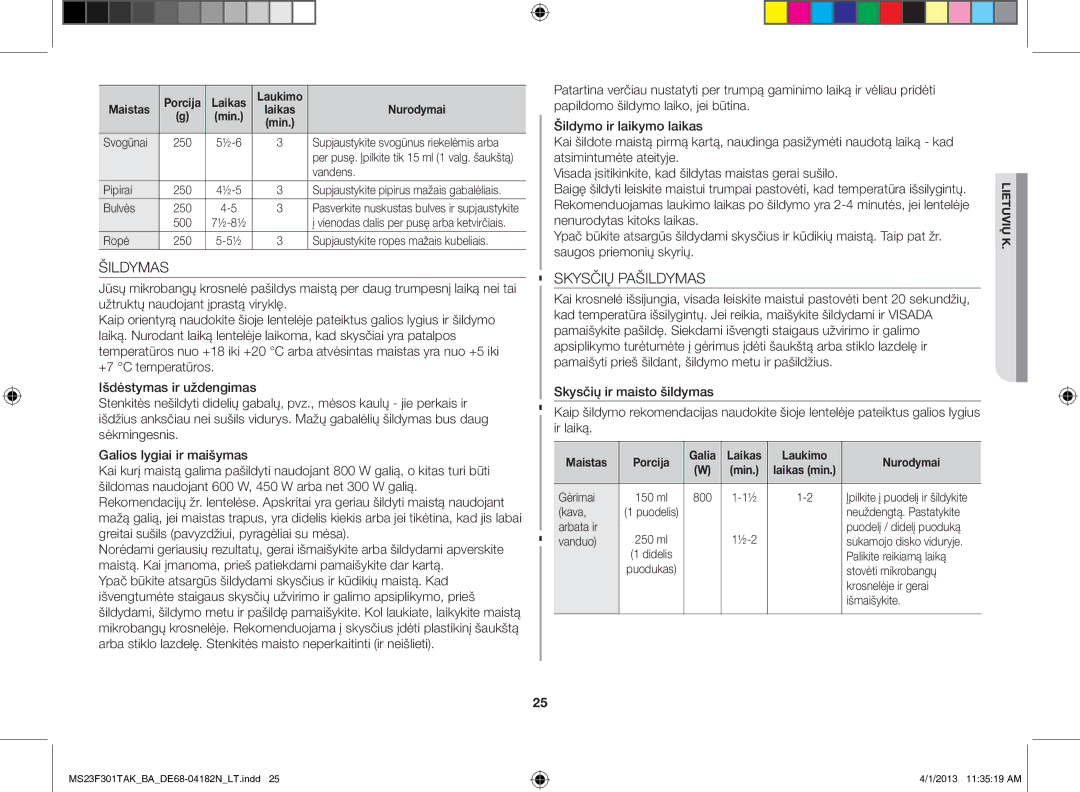 Samsung MS23F301TAK/BA manual Šildymas, Skysčių Pašildymas, Laikas Laukimo Nurodymai 