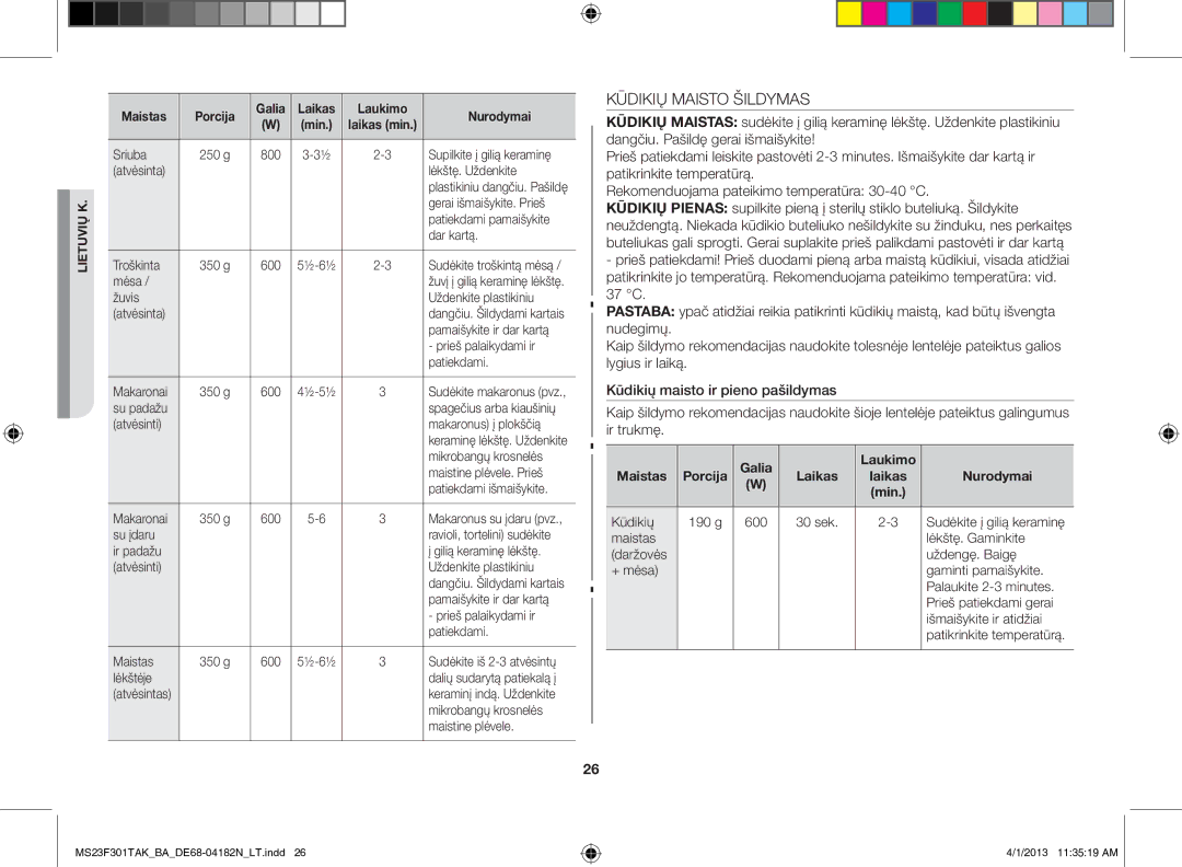 Samsung MS23F301TAK/BA manual Kūdikių Maisto Šildymas, Galia Laukimo Maistas 