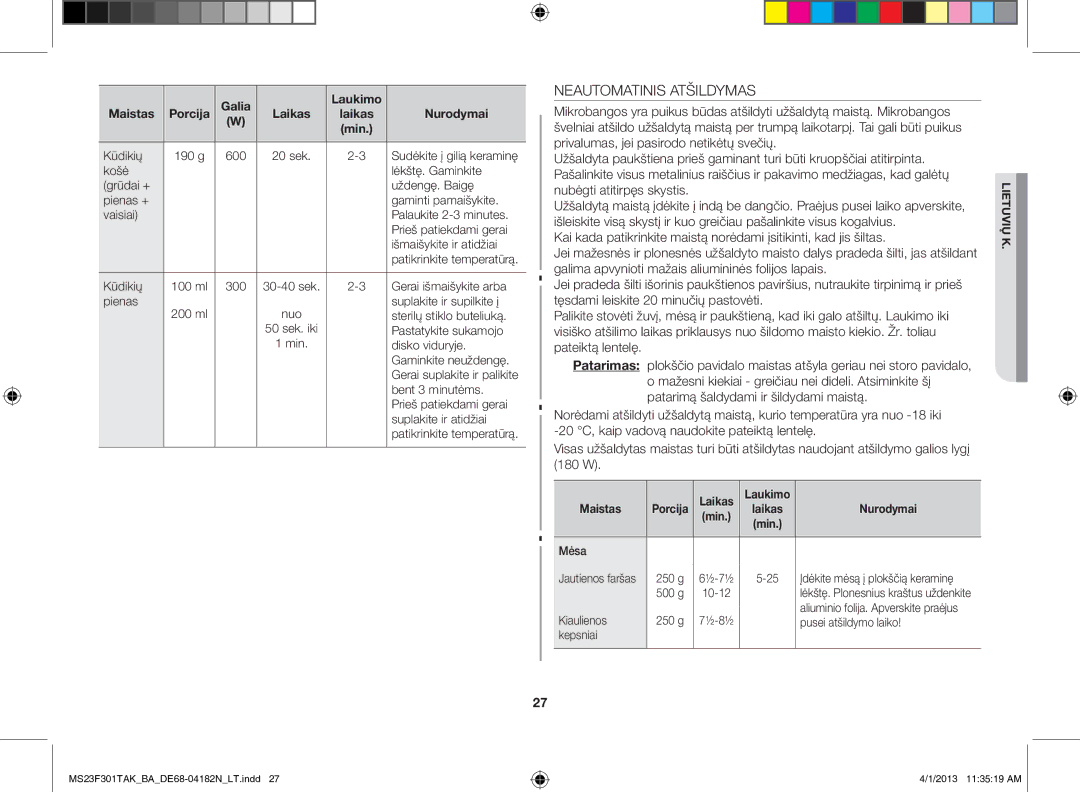 Samsung MS23F301TAK/BA manual Neautomatinis Atšildymas 