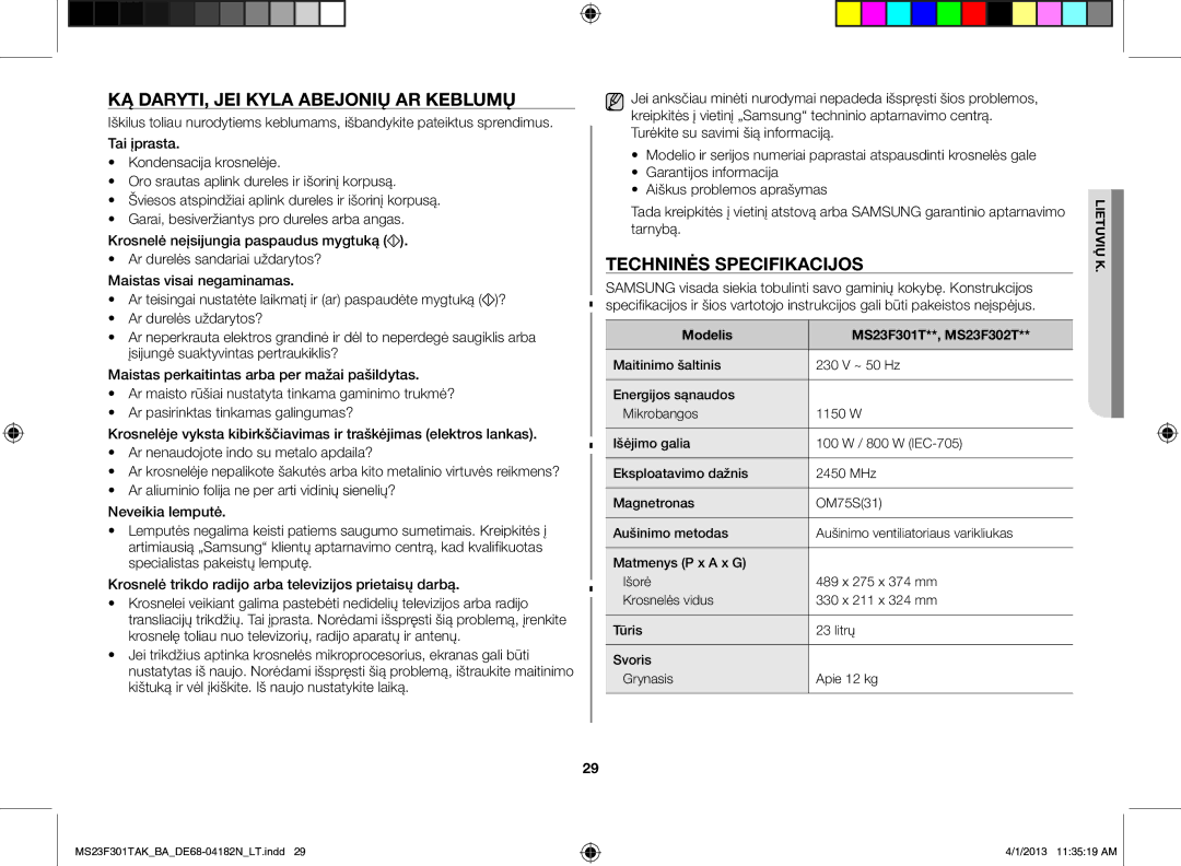 Samsung MS23F301TAK/BA Ką daryti, jei kyla abejonių ar keblumų, Techninės specifikacijos, Modelis MS23F301T**, MS23F302T 