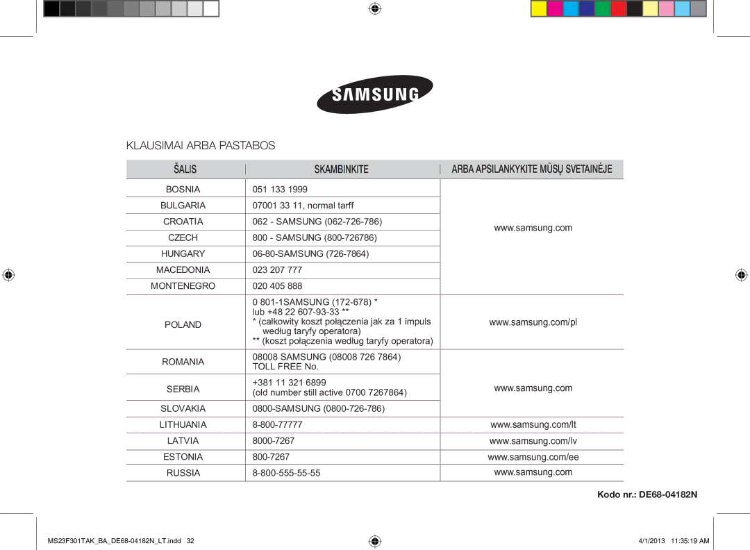 Samsung MS23F301TAK/BA manual Klausimai Arba Pastabos Šalis Skambinkite, Kodo nr. DE68-04182N 