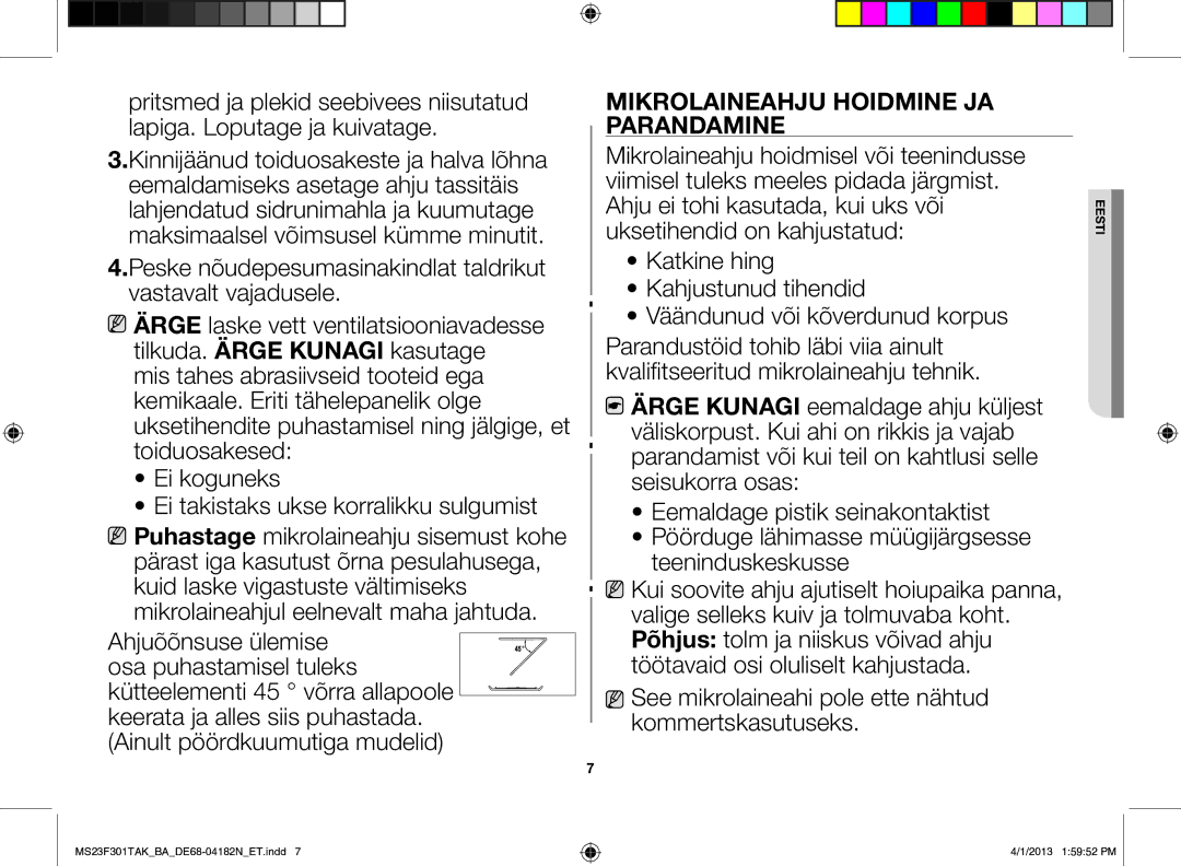 Samsung MS23F301TAK/BA manual Mikrolaineahju hoidmine ja parandamine 