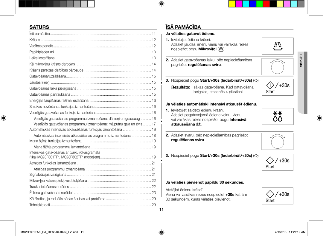 Samsung MS23F301TAK/BA manual Saturs, Īsā pamācība, Ja vēlaties gatavot ēdienu, Nospiediet pogu Start/+30s Iedarbināt/+30s 