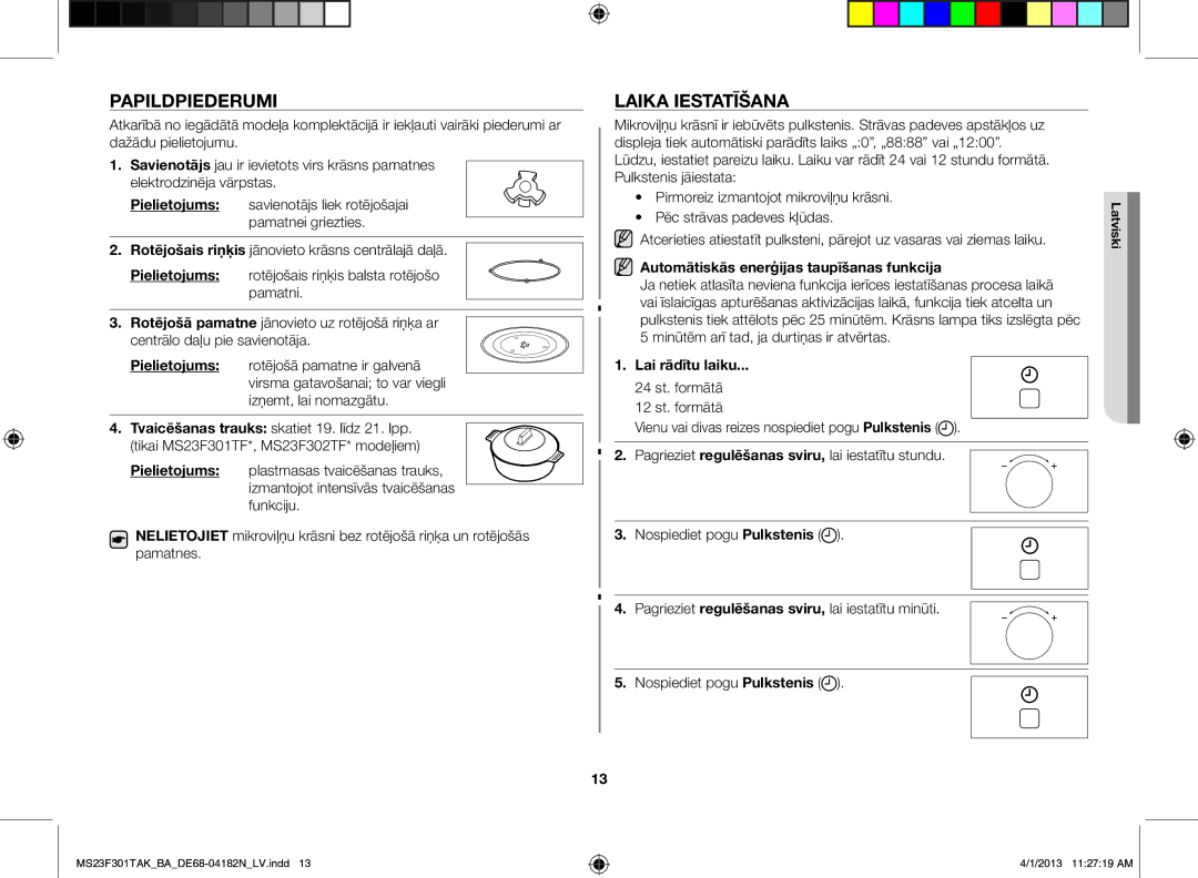 Samsung MS23F301TAK/BA Papildpiederumi, Laika iestatīšana, Automātiskās enerģijas taupīšanas funkcija, Lai rādītu laiku 