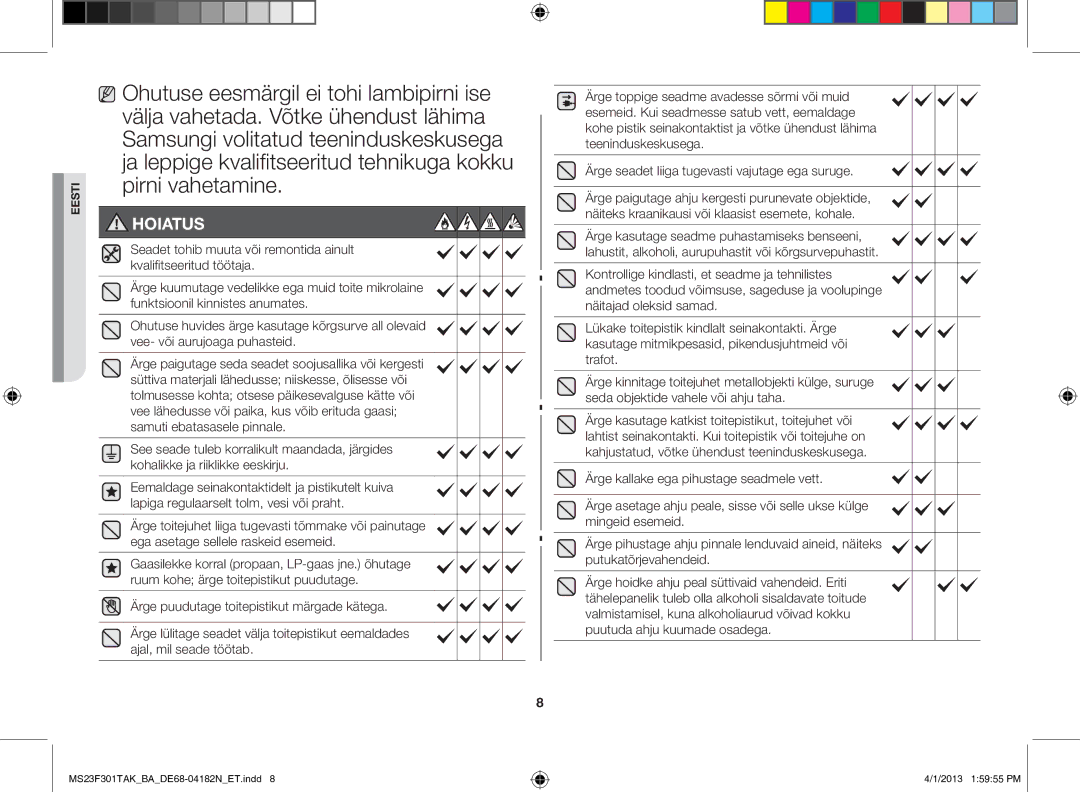 Samsung MS23F301TAK/BA Ohutuse eesmärgil ei tohi lambipirni ise, Välja vahetada. Võtke ühendust lähima, Pirni vahetamine 