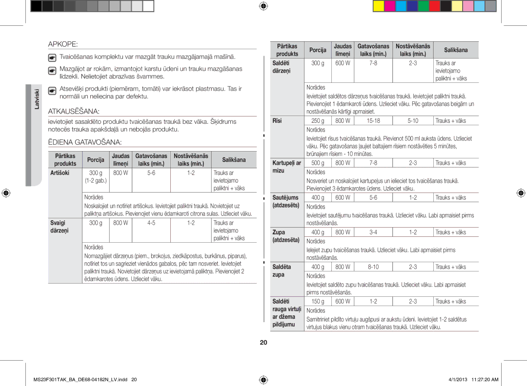 Samsung MS23F301TAK/BA manual Apkope, Atkausēšana, Ēdiena Gatavošana 