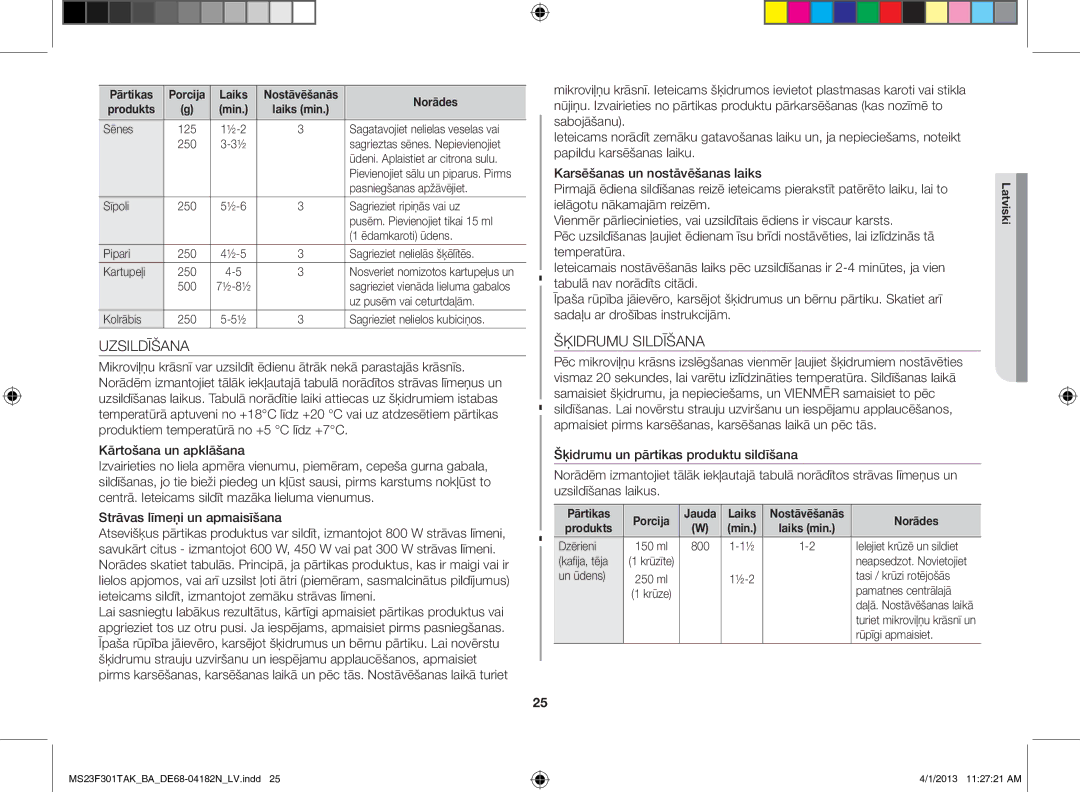 Samsung MS23F301TAK/BA manual Uzsildīšana, Šķidrumu Sildīšana, Pārtikas Porcija Jauda Laiks 