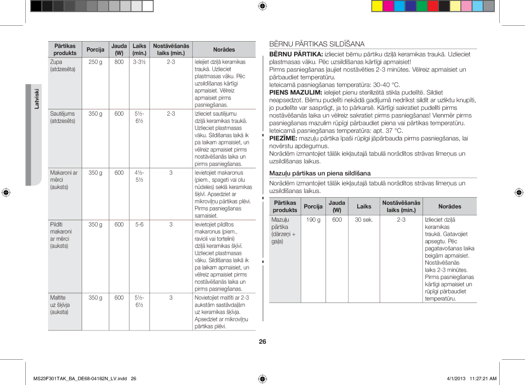 Samsung MS23F301TAK/BA manual Bērnu Pārtikas Sildīšana 