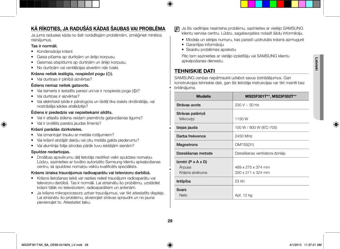 Samsung MS23F301TAK/BA manual Kā rīkoties, ja radušās kādas šaubas vai problēma, Tehniskie dati 