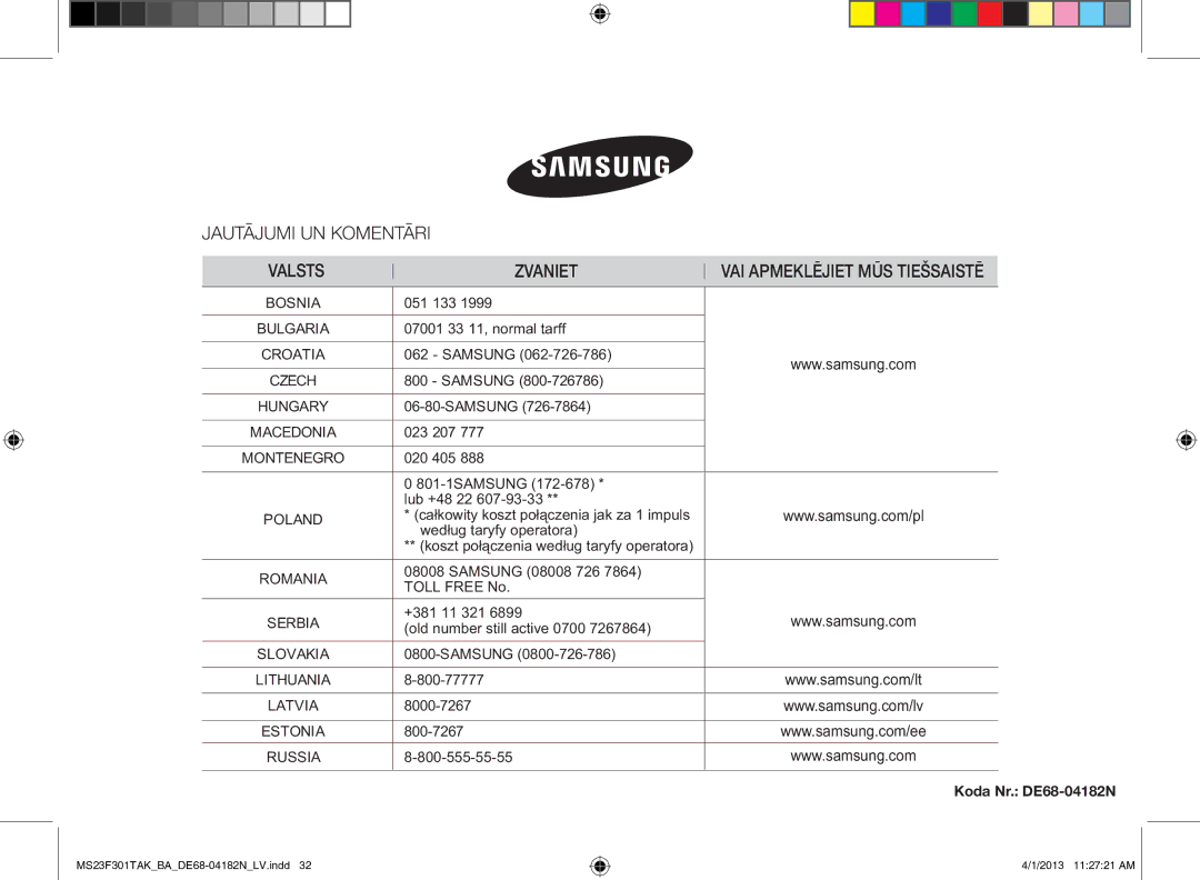 Samsung MS23F301TAK/BA manual Jautājumi UN Komentāri Valsts Zvaniet, Koda Nr. DE68-04182N 