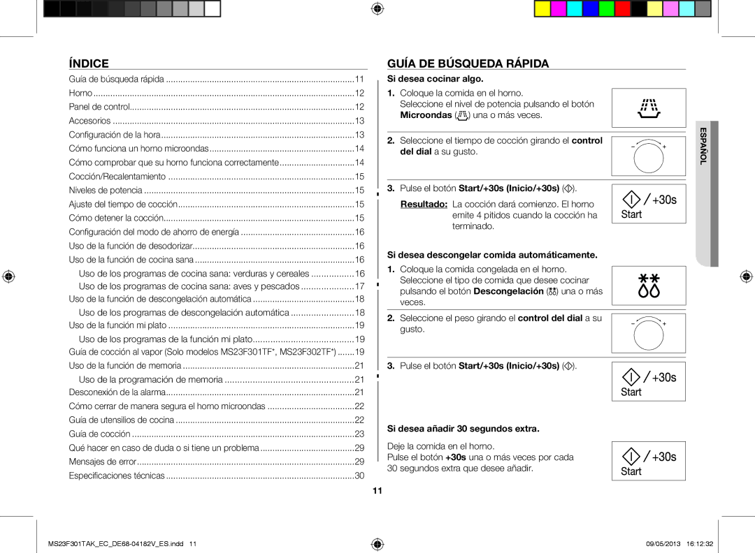 Samsung MS23F301TAK/EC manual Índice, Guía de búsqueda rápida, Si desea cocinar algo, Pulse el botón Start/+30s Inicio/+30s 