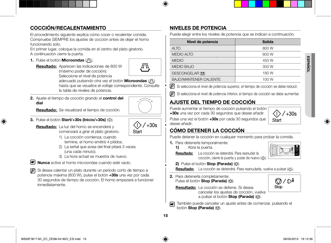 Samsung MS23F301TAK/EC Cocción/Recalentamiento, Niveles de potencia, Ajuste del tiempo de cocción, Cómo detener la cocción 