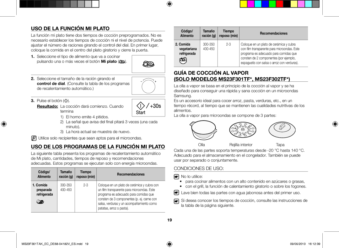 Samsung MS23F301TAK/EC manual Uso de la función mi plato, Uso de los programas de la función mi plato, Condiciones DE USO 