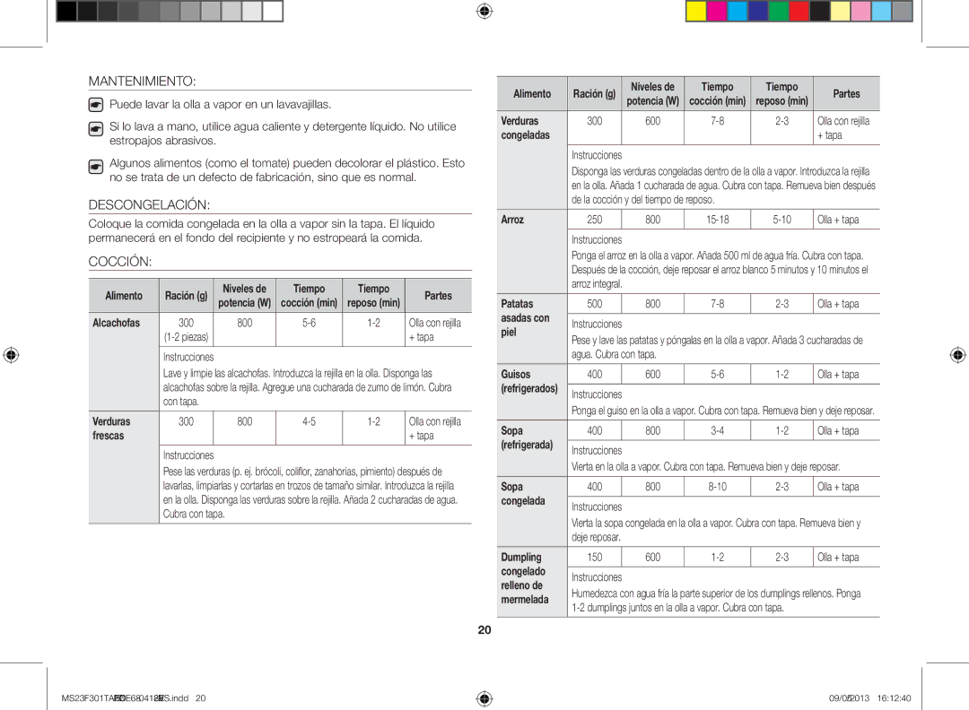 Samsung MS23F301TAK/EC manual Mantenimiento, Descongelación, Cocción 