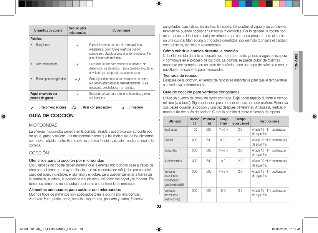 Samsung MS23F301TAK/EC manual Guía de cocción, Microondas, Utensilios para la cocción por microondas 