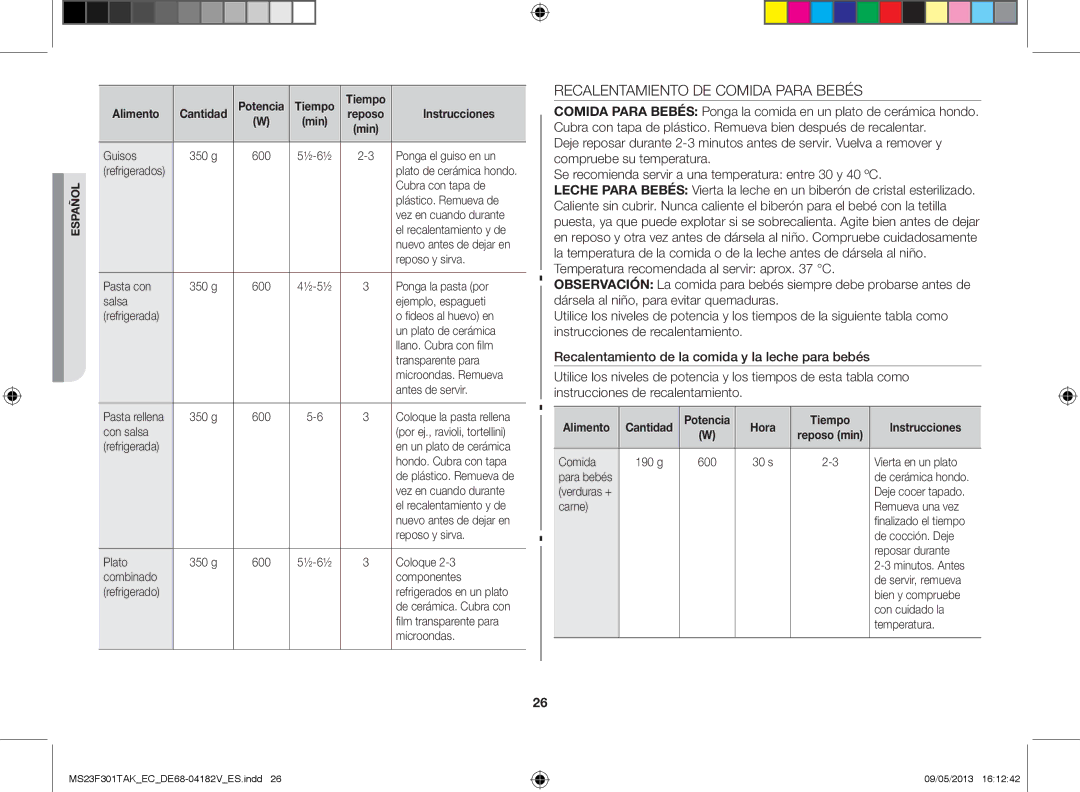 Samsung MS23F301TAK/EC manual Recalentamiento DE Comida Para Bebés, Potencia Tiempo Alimento, Alimento Cantidad 