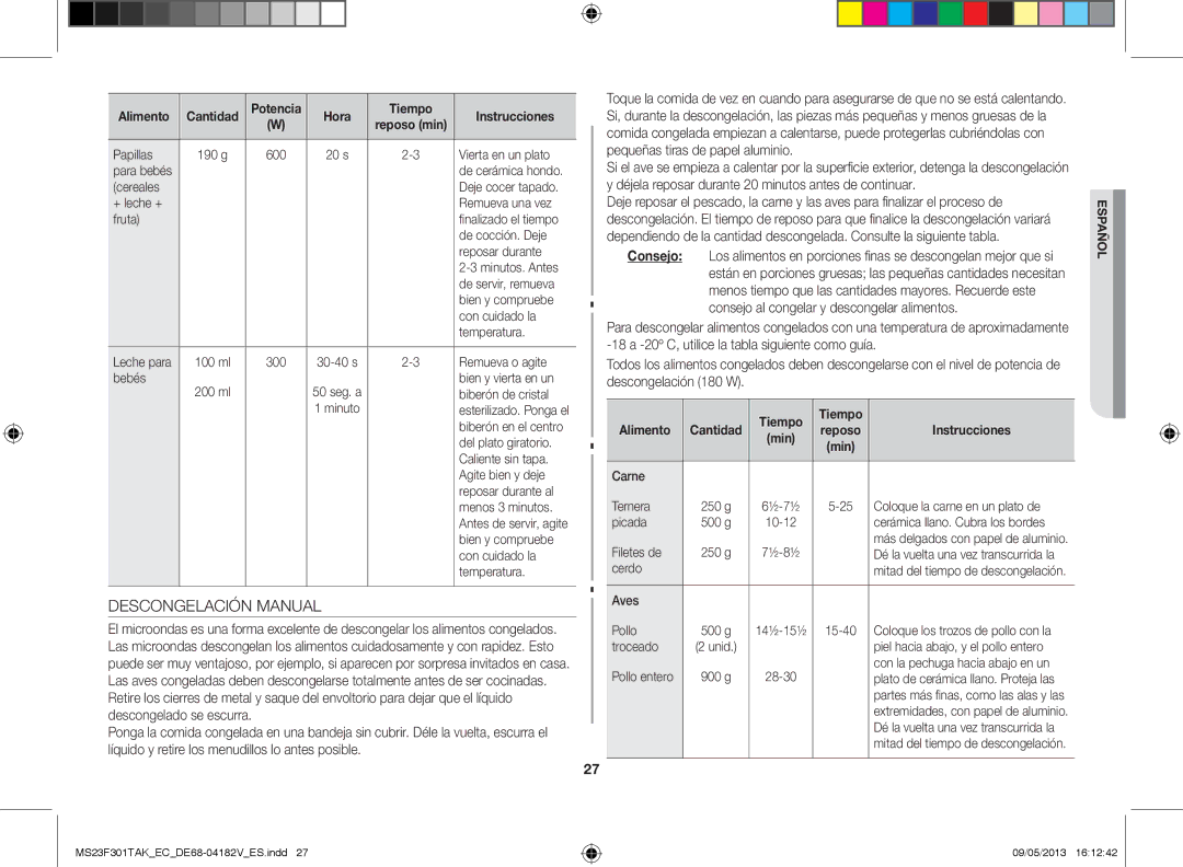 Samsung MS23F301TAK/EC manual Descongelación Manual, Consejo al congelar y descongelar alimentos 