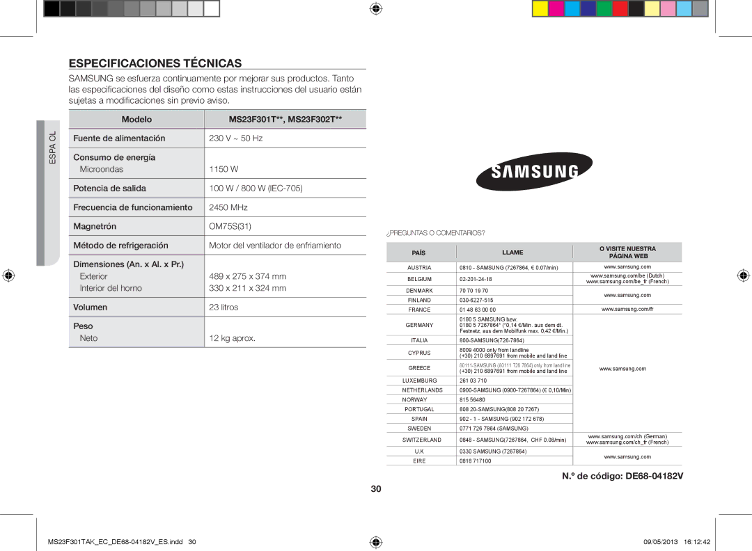 Samsung MS23F301TAK/EC manual Especificaciones técnicas, De código DE68-04182V, Modelo MS23F301T**, MS23F302T 