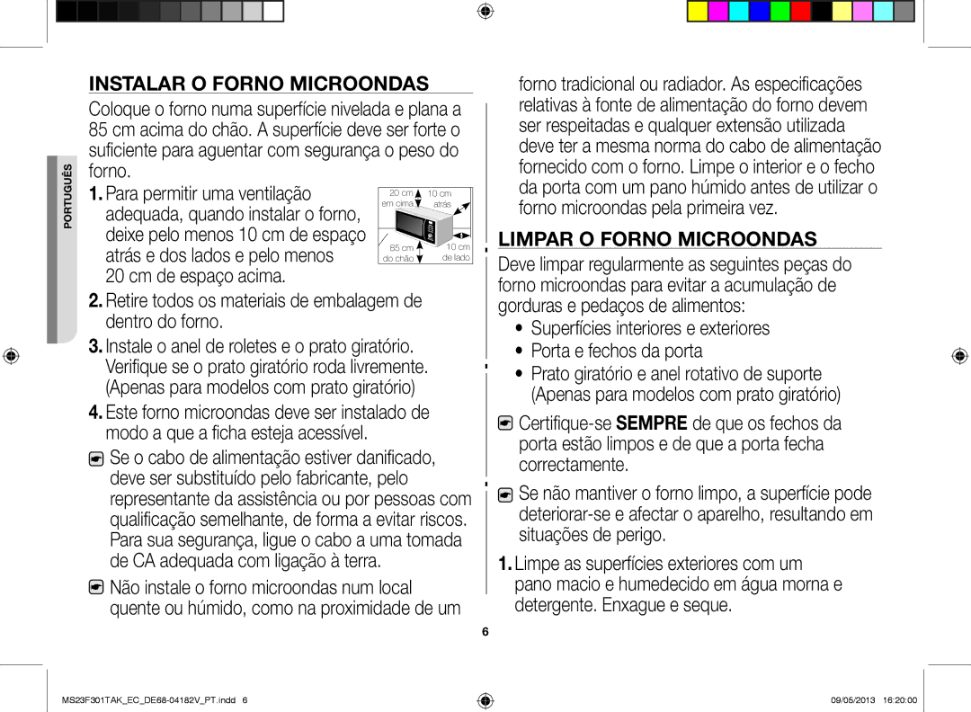 Samsung MS23F301TAK/EC manual Cm de espaço acima, Retire todos os materiais de embalagem de dentro do forno 