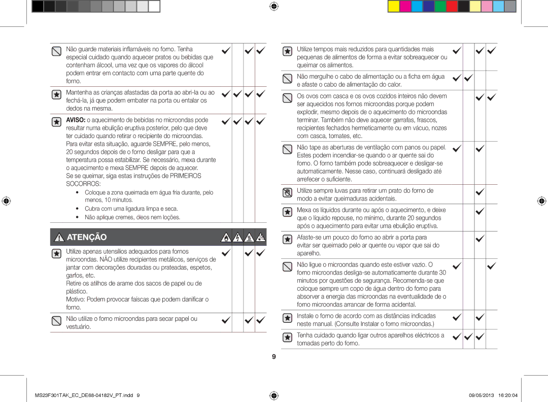 Samsung MS23F301TAK/EC manual Atenção, Se se queimar, siga estas instruções de Primeiros Socorros 