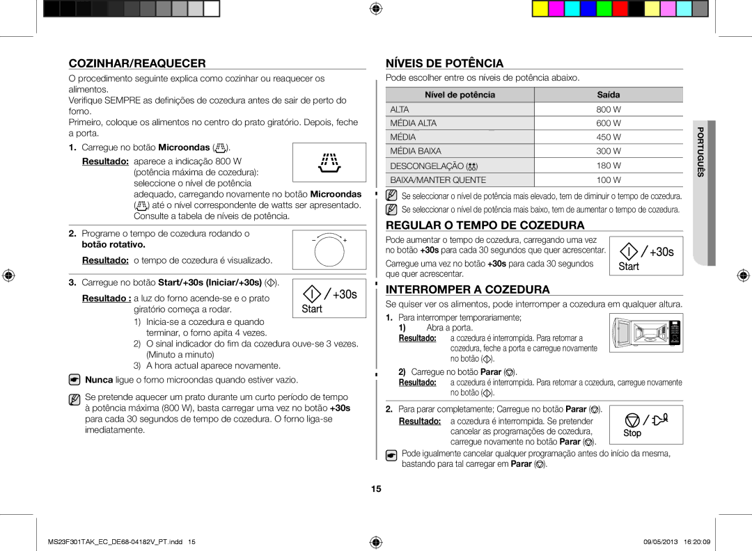 Samsung MS23F301TAK/EC manual Cozinhar/Reaquecer, Níveis de potência, Regular o tempo de cozedura, Interromper a cozedura 