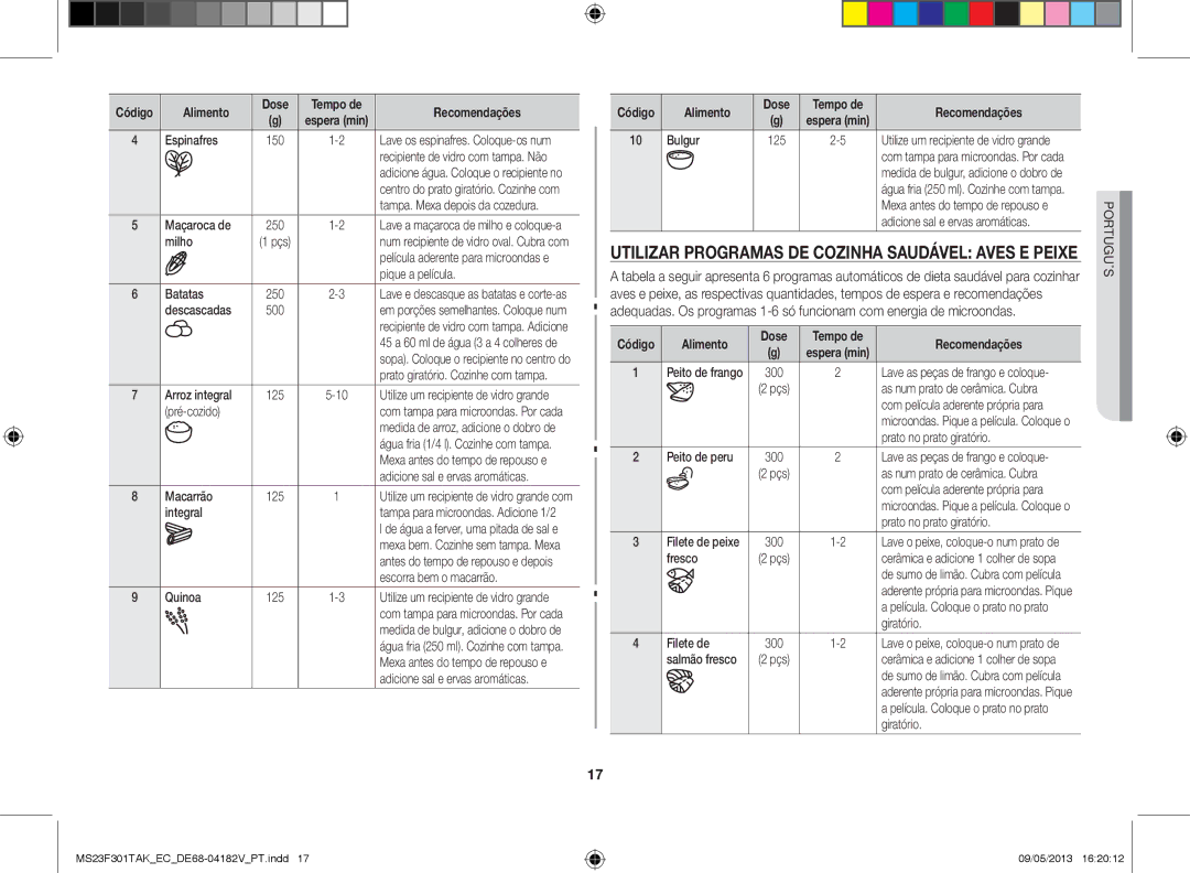 Samsung MS23F301TAK/EC manual Utilizar programas de cozinha saudável aves e peixe 