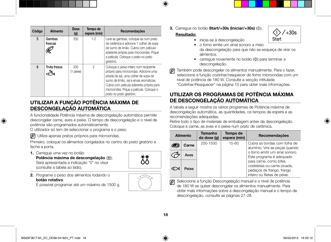 Samsung MS23F301TAK/EC manual Carregue no botão Start/+30s Iniciar/+30s Resultado, Alimento Tamanho Tempo de Recomendações 