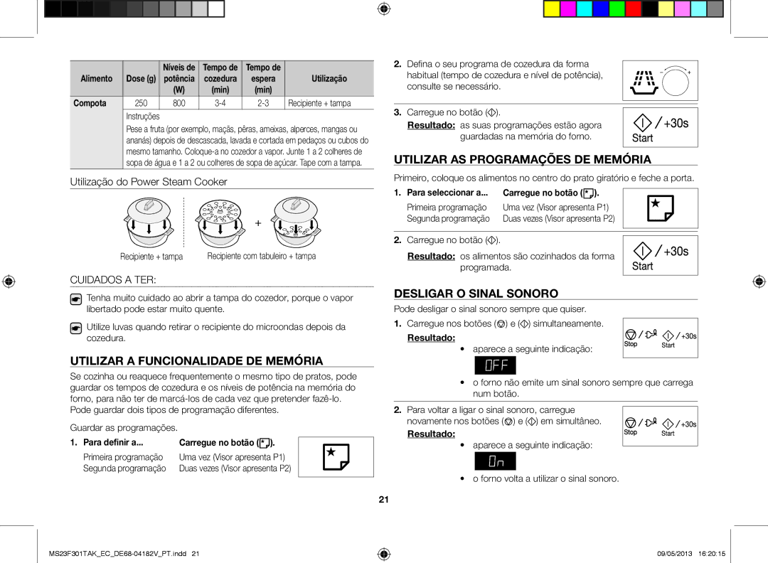 Samsung MS23F301TAK/EC Utilizar a funcionalidade de memória, Utilizar as programações de memória, Desligar o sinal sonoro 