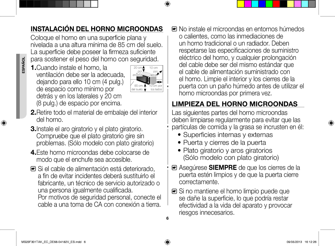 Samsung MS23F301TAK/EC manual Instalación del horno microondas, Retire todo el material de embalaje del interior del horno 