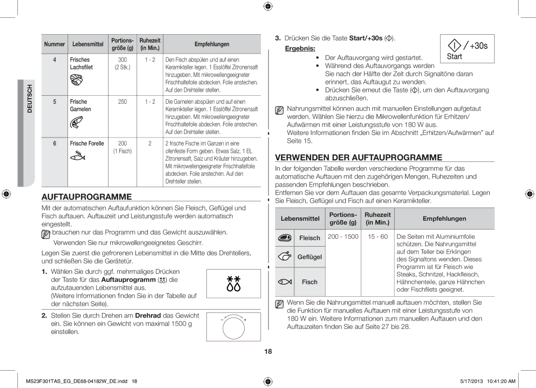 Samsung MS23F301TAK/EG manual Verwenden DER Auftauprogramme, Lebensmittel Portions Ruhezeit Empfehlungen 