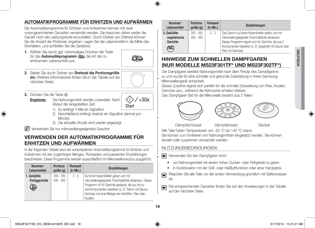 Samsung MS23F301TAK/EG manual Verwenden DER Automatikprogramme FÜR Erhitzen UND Aufwärmen, Nutzungsbedingungen 