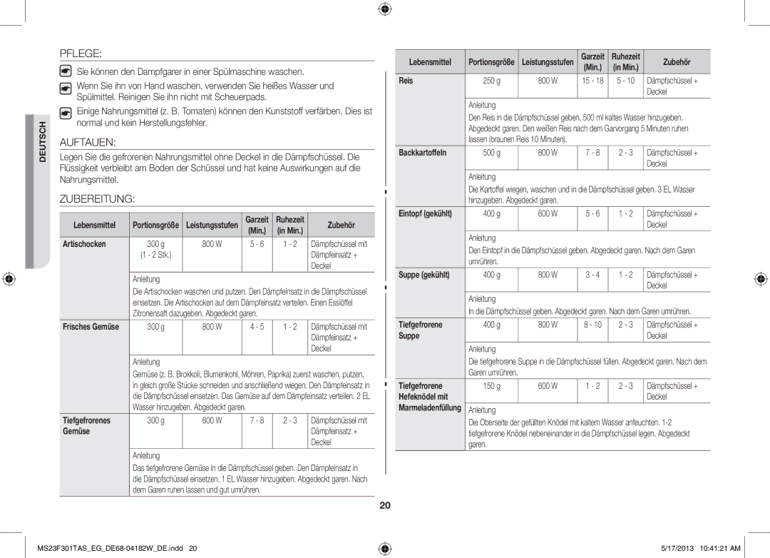 Samsung MS23F301TAK/EG manual Pflege, Auftauen, Zubereitung, Sie können den Dampfgarer in einer Spülmaschine waschen 