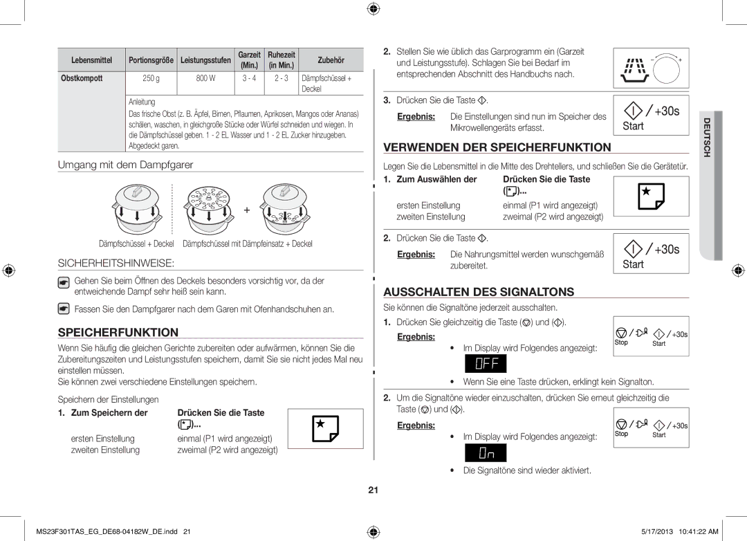 Samsung MS23F301TAK/EG manual Verwenden DER Speicherfunktion, Ausschalten DES Signaltons, Sicherheitshinweise 