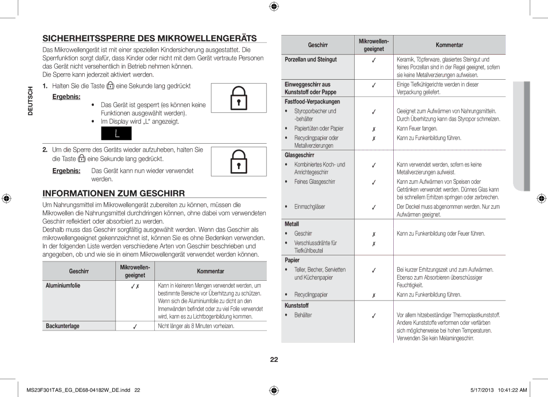 Samsung MS23F301TAK/EG Sicherheitssperre DES Mikrowellengeräts, Informationen ZUM Geschirr, Im Display wird „L angezeigt 