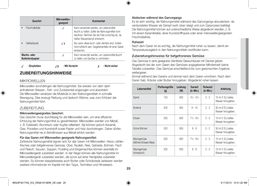 Samsung MS23F301TAK/EG manual Zubereitungshinweise, Mikrowellen 