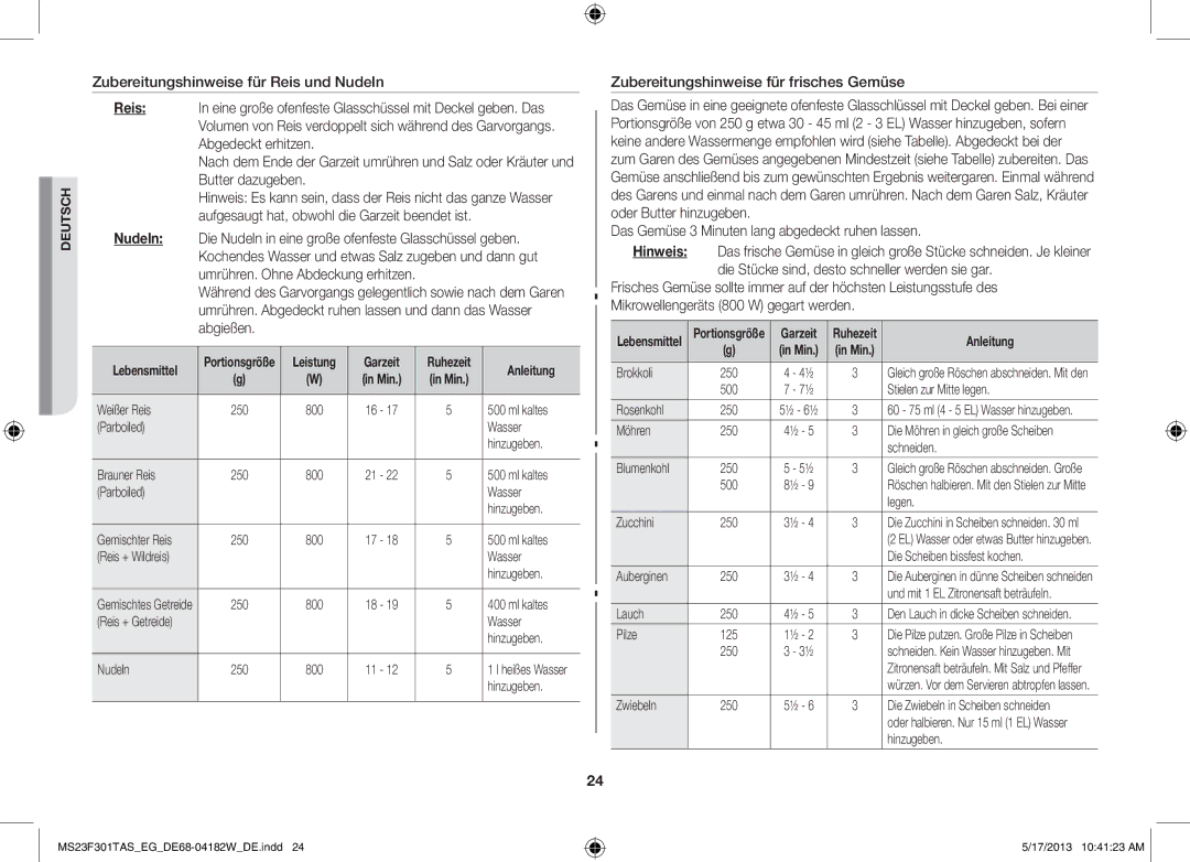 Samsung MS23F301TAK/EG manual Zubereitungshinweise für frisches Gemüse 