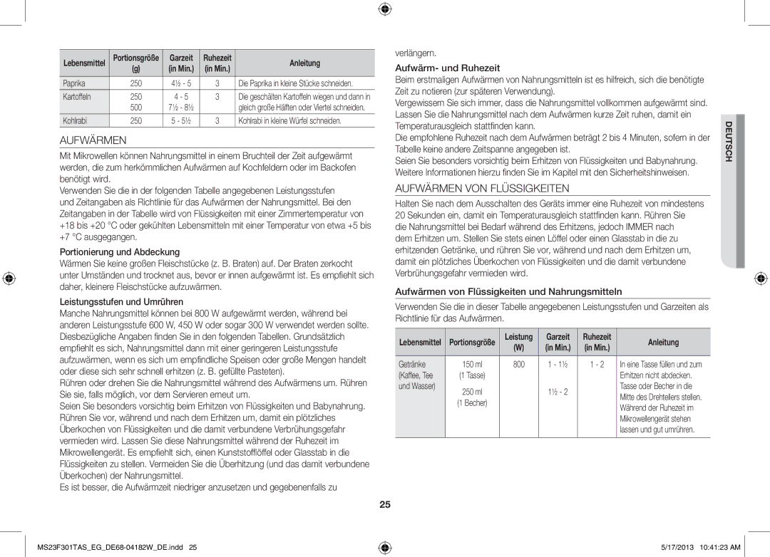 Samsung MS23F301TAK/EG manual Aufwärmen VON Flüssigkeiten, Portionierung und Abdeckung, Leistungsstufen und Umrühren 