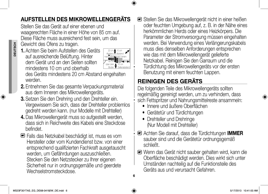 Samsung MS23F301TAK/EG manual Reinigen DES Geräts 