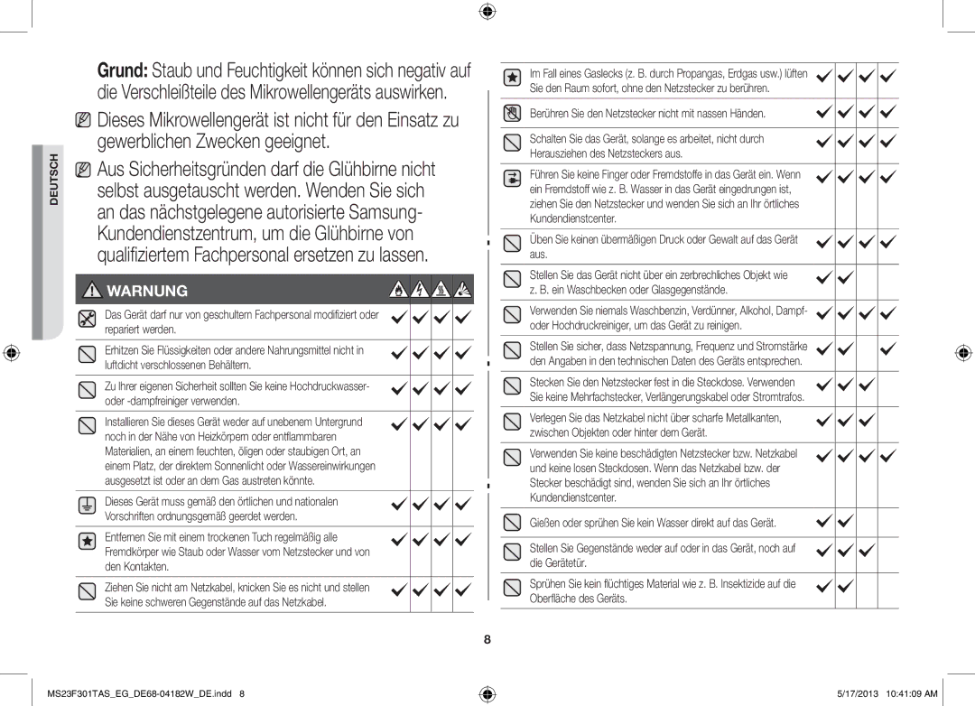 Samsung MS23F301TAK/EG manual Warnung, Berühren Sie den Netzstecker nicht mit nassen Händen 