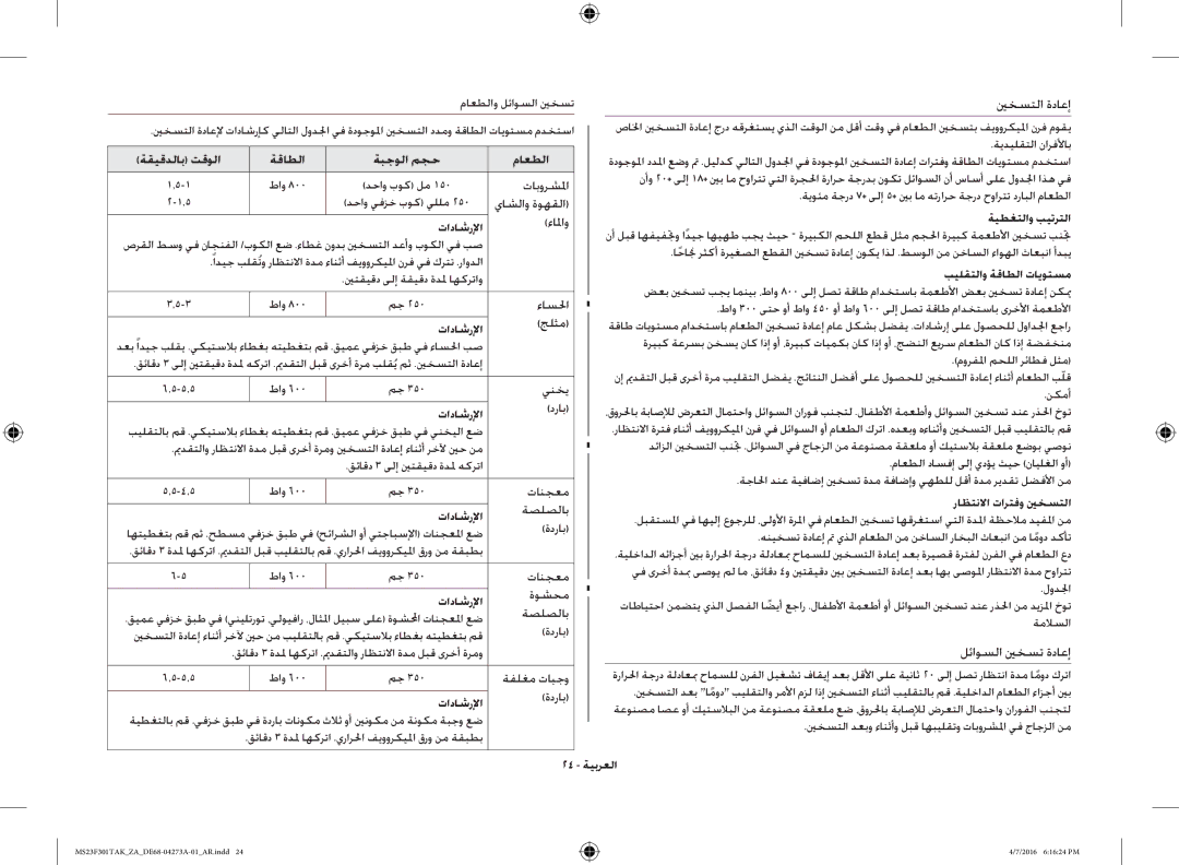 Samsung MS23F301TAK/ZA, MS23F301TAK/OL manual راظتنلاا تارتفو ينخستلا, 24 ةيبرعلا 