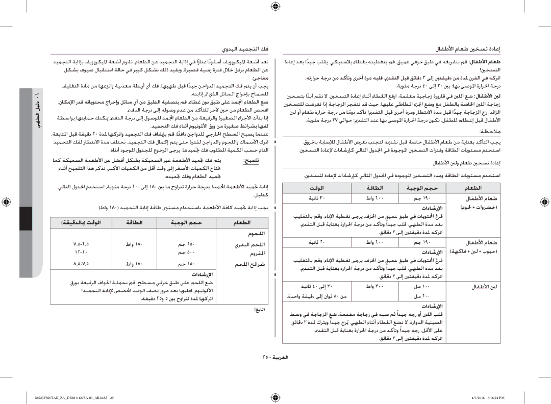 Samsung MS23F301TAK/OL, MS23F301TAK/ZA manual يهطلا ليلد, ةقيقدلاب تقولا ةقاطلا ةبجولا مجح ماعطلا موحللا, 25 ةيبرعلا 