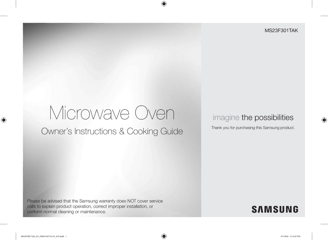 Samsung MS23F301TAK/OL, MS23F301TAK/ZA manual Microwave Oven, Thank you for purchasing this Samsung product 