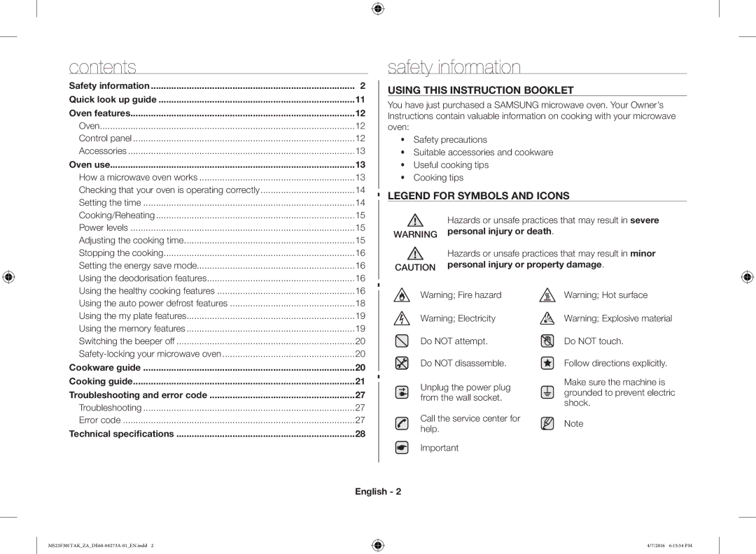 Samsung MS23F301TAK/ZA, MS23F301TAK/OL manual Safety information, Contents 