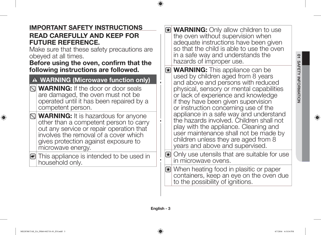 Samsung MS23F301TAK/OL, MS23F301TAK/ZA manual Read Carefully and Keep for Future Reference 