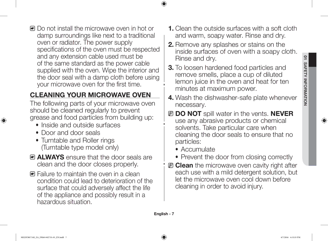 Samsung MS23F301TAK/OL, MS23F301TAK/ZA manual Cleaning Your Microwave Oven 