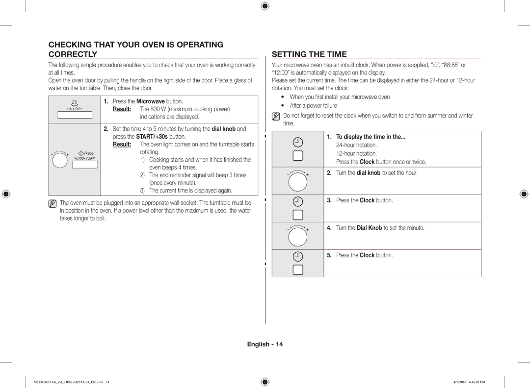 Samsung MS23F301TAK/ZA manual Checking That Your Oven is Operating Correctly, Setting the Time, To display the time 